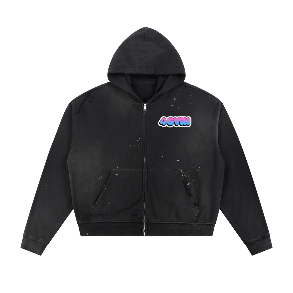 Sun Fade Frayed Raw Edge Fleece Zip Hoodie