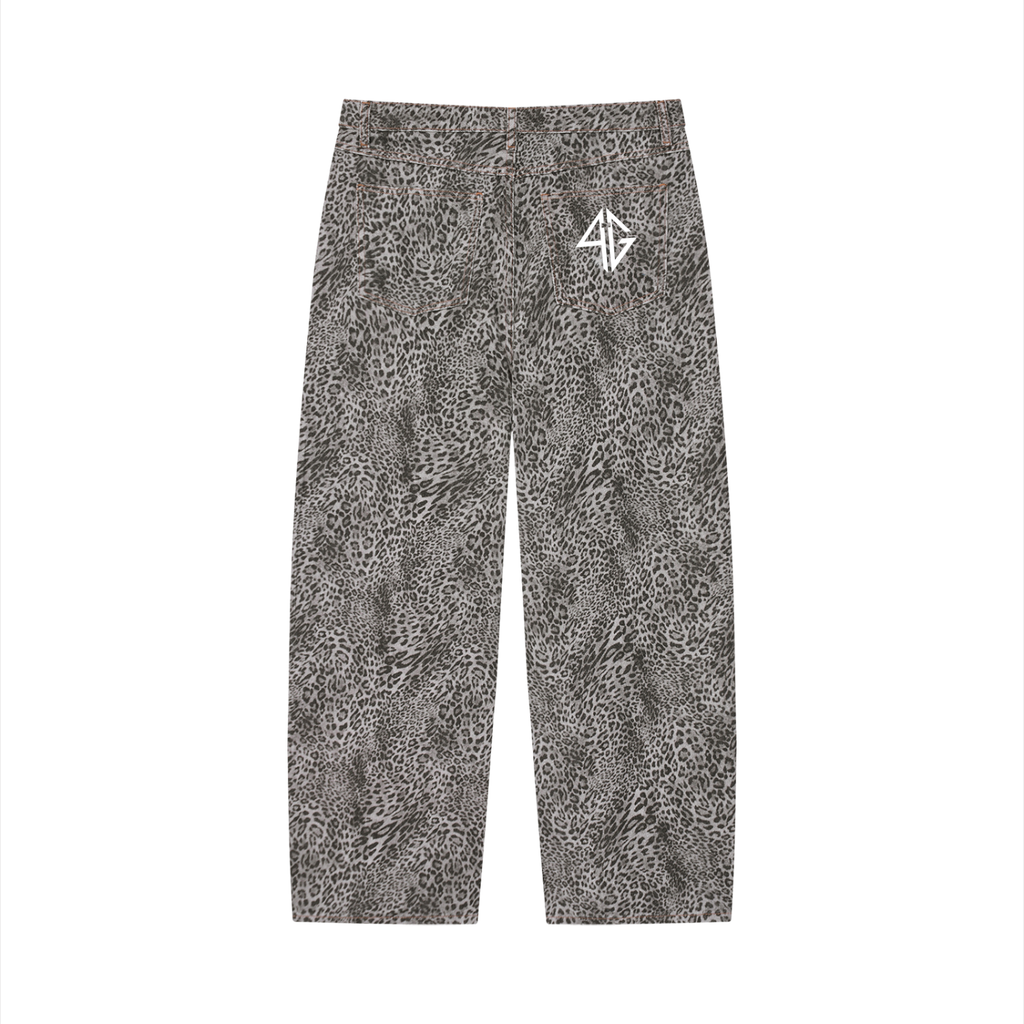 4GVIN Unisex Vintage Wash Leopard Wide Leg Jeans