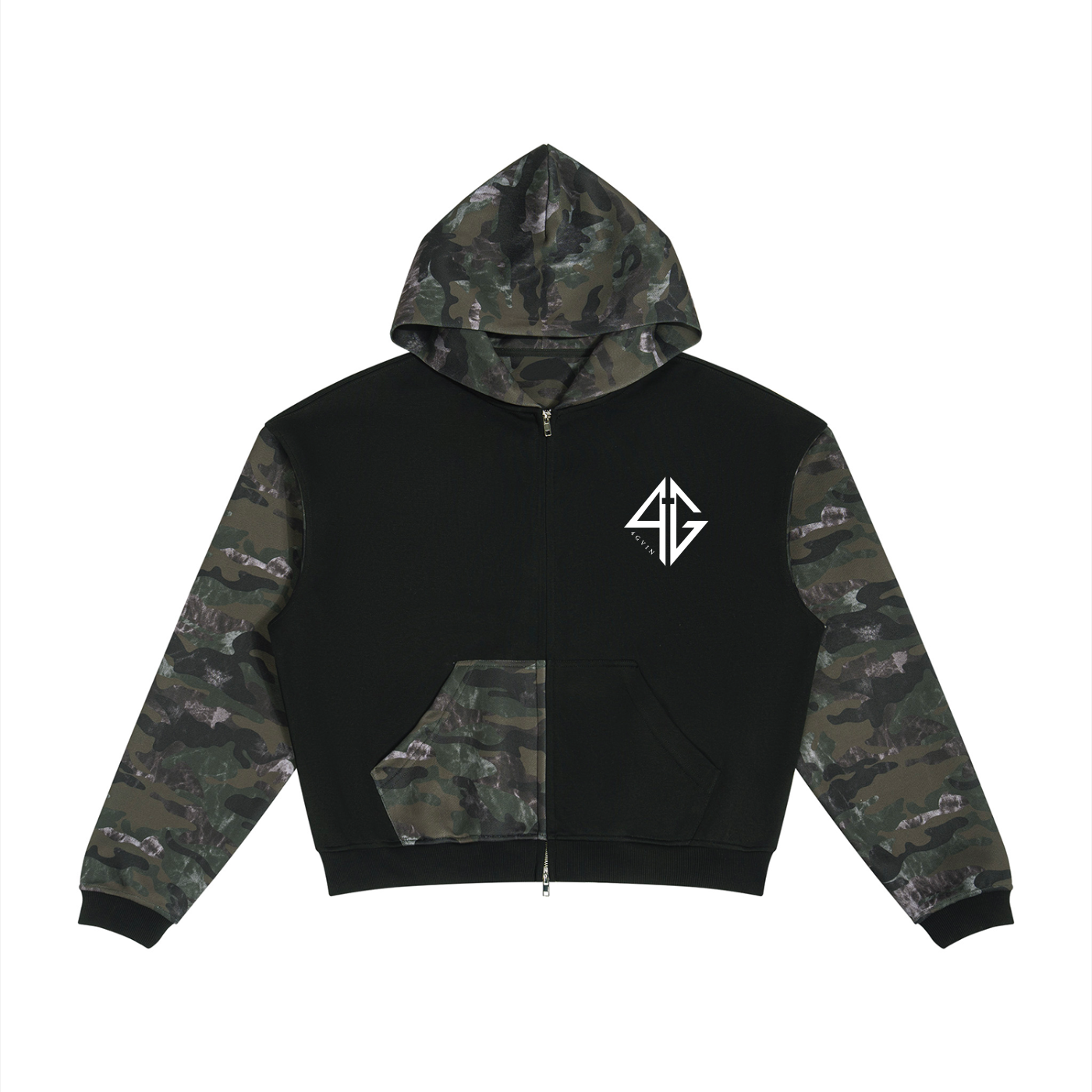 4GVIN ( Camo FED ) Unisex Colorblock Camo Full Zip Boxy Hoodie