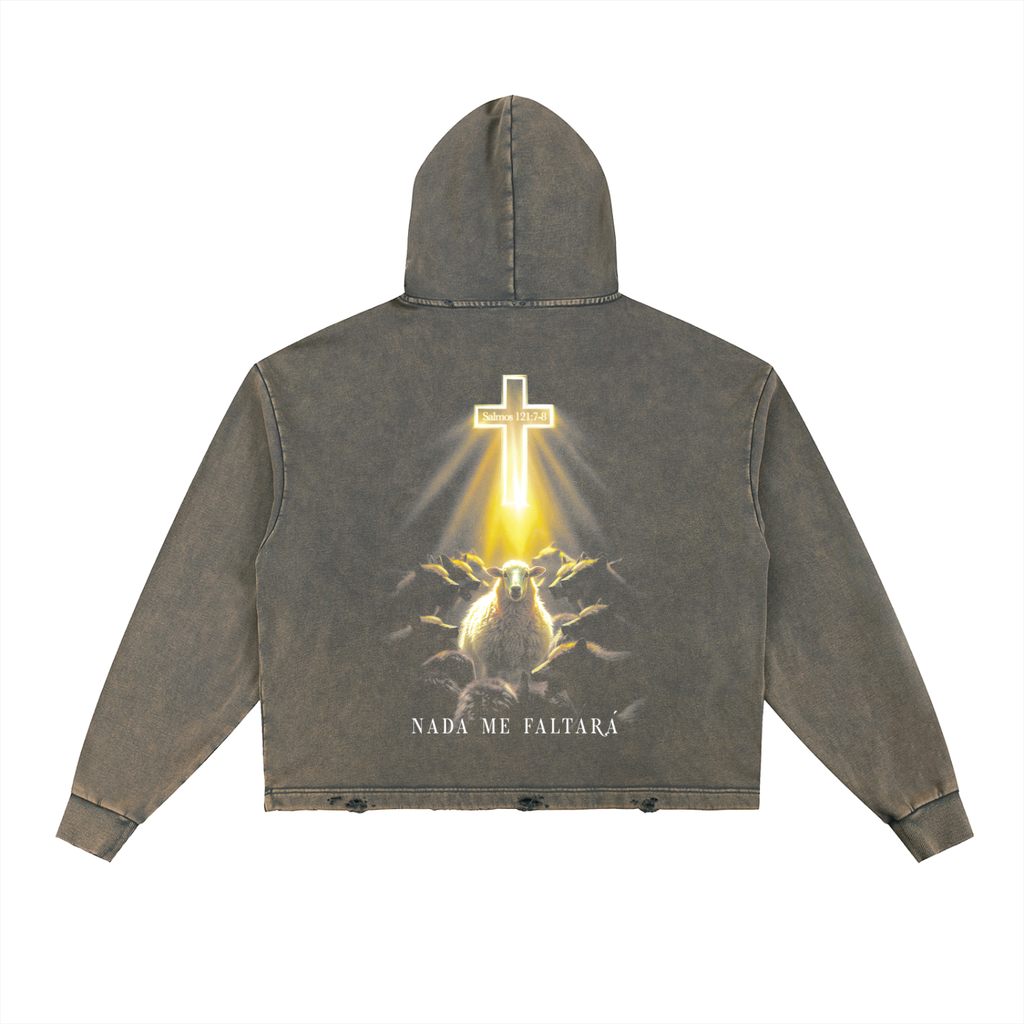 4GVIN Vintage Washed Frayed-Hem Hoodie Nada Me Faltara