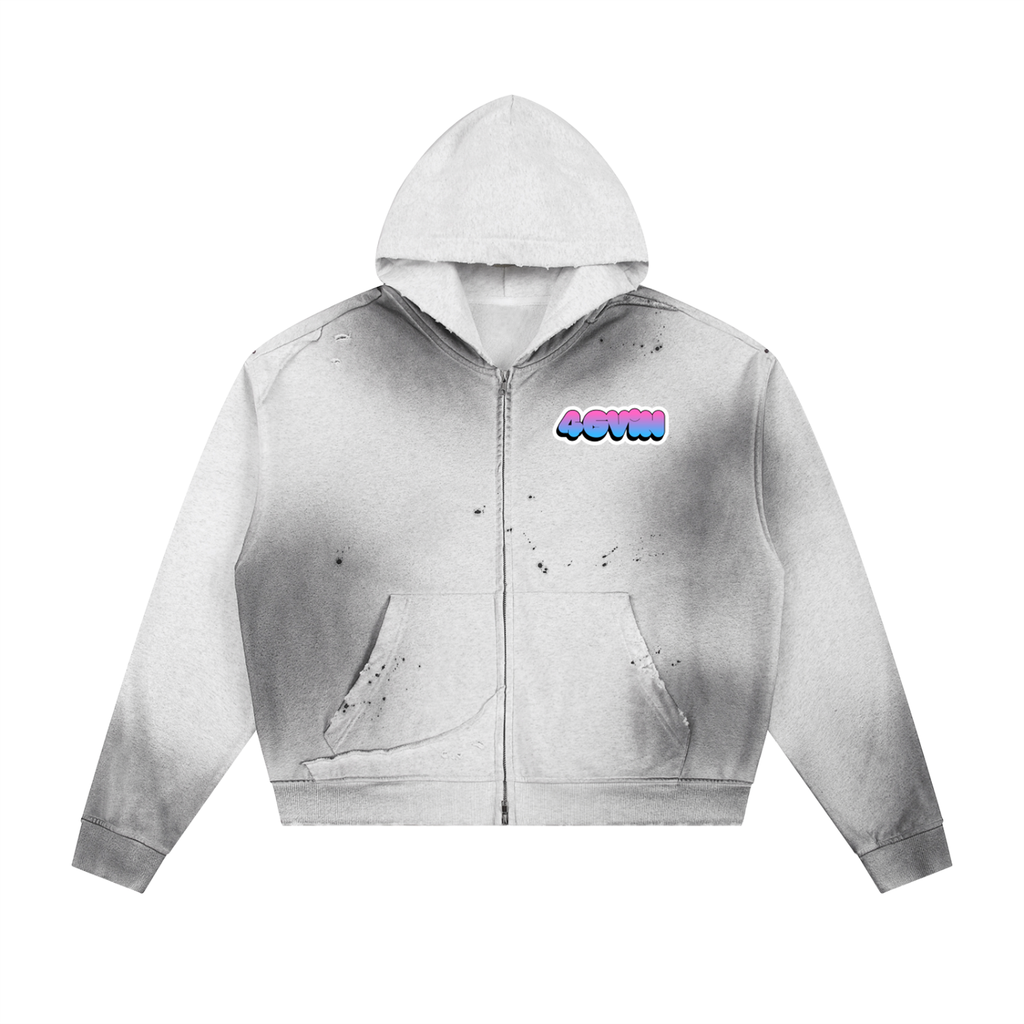 Sun Fade Frayed Raw Edge Fleece Zip Hoodie