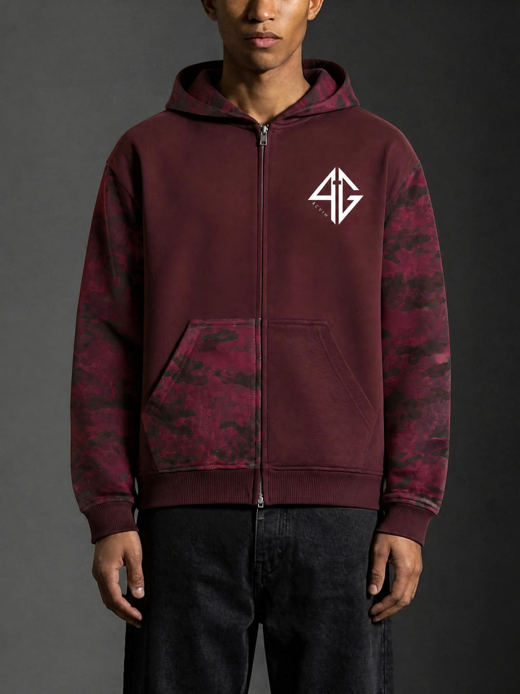 4GVIN ( Camo FED ) Unisex Colorblock Camo Full Zip Boxy Hoodie