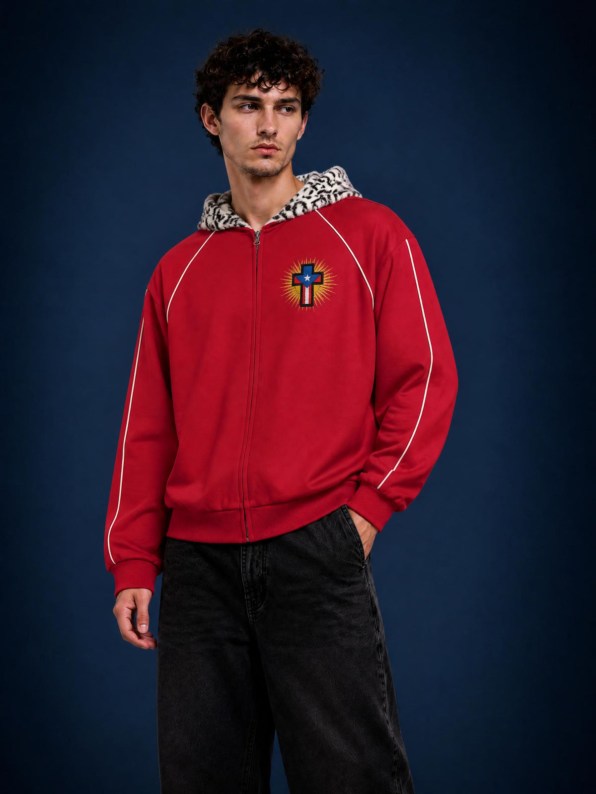 4GVIN Unisex Boxy Fleece Piping Full Zip Hoodie